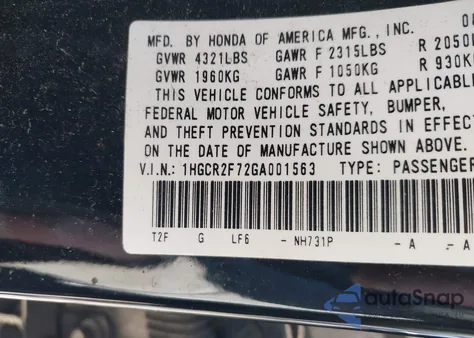2016 Honda Accord Ex z USA, uszkodzony, nr VIN 1HGCR2F72GA001563